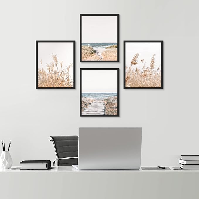 SIGNWIN Framed White Pampas Grass Beach Ocean Shore Horizon Wall Art, Set of 4 Landscape Colorful Wall Decor Prints, Nature Wilderness Wall Décor for Living Room, Bedroom - 12"x16" Black