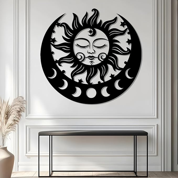 Sun and Moon Metal Wall Decor, Moon Phase Metal Wall Decor, Boho Celestial Wall Art, Celestial Sun Moon Wall Art, Large Sun Face Wall Hanging for Living Room, Outdoor (Black, 42"x39"/106x100cm)