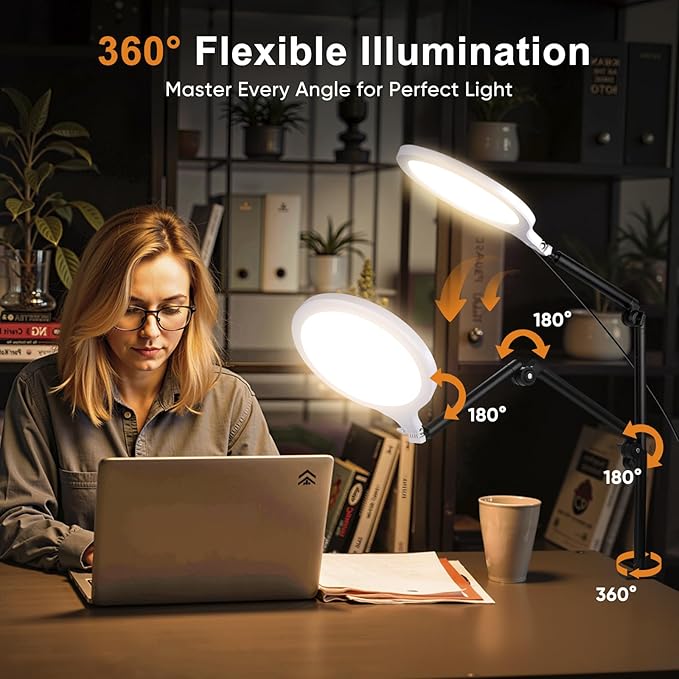 Desk Ring Light with Stand, 10" LED Desk Ring Light with Clamp, 360°Rotate & Flexible Height Full-Screen Overhead Ringlight for Video Recording, TikTok, YouTube, Live Streaming, Content Creation