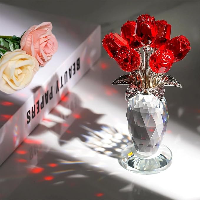 Glass Rose Flowers, Crystal Glass Figurines Rose Decorations for Home Gifts for Mom Wife Grandma, Crystal Flowers Collectible Ornament Mother's Day Thanksgiving Anniversary Birthday Gifts (Red Rose)