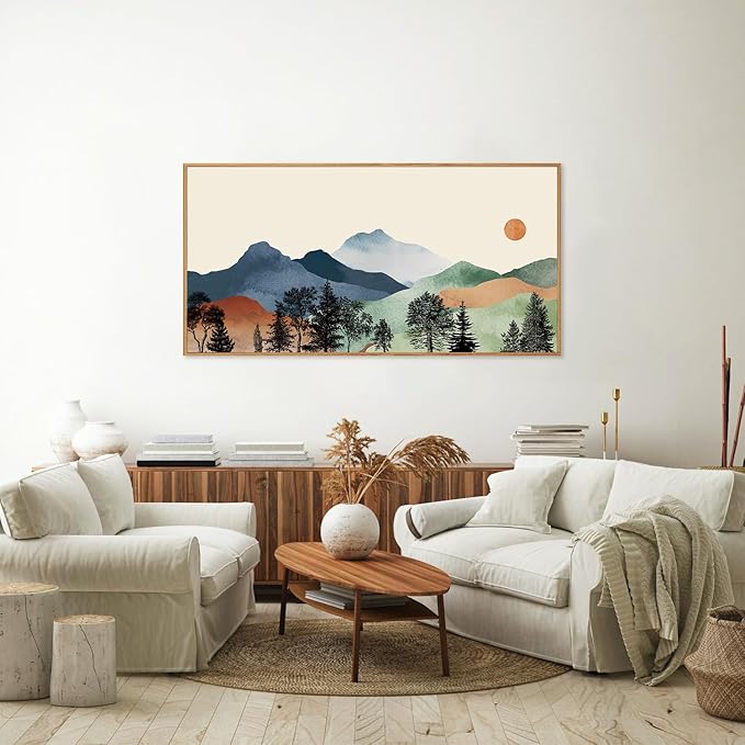 SIGNINART Large Boho Mountains Framed Canvas Wall Art, Watercolor Nature Landscape Art Prints, Neutral Modern Sunrise Art Paintings, Green Forest Wall Decor for Living Room, Bedroom, Office 20"x40"
