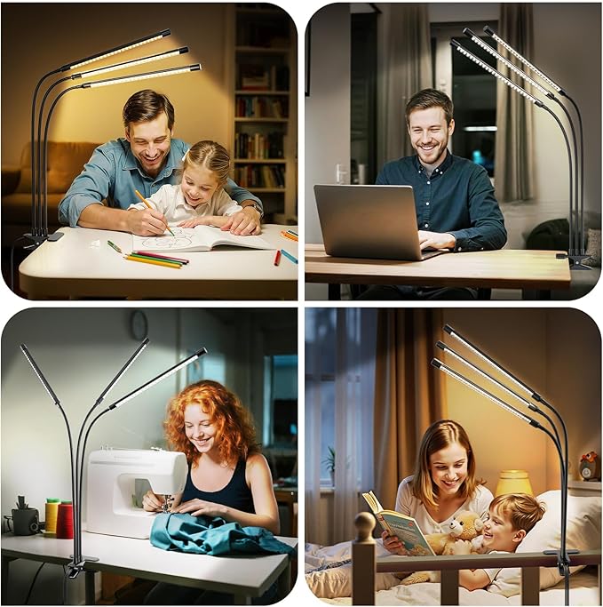 ShineTech 3-Head LED Desk Lamp with Clamp, Eye-Caring Clip-on Light for Home Office, 4 Color Modes & 6 Brightness Levels, 360° Flexible Gooseneck Desk Lights for Dorm Room, Reading, Nail, Black