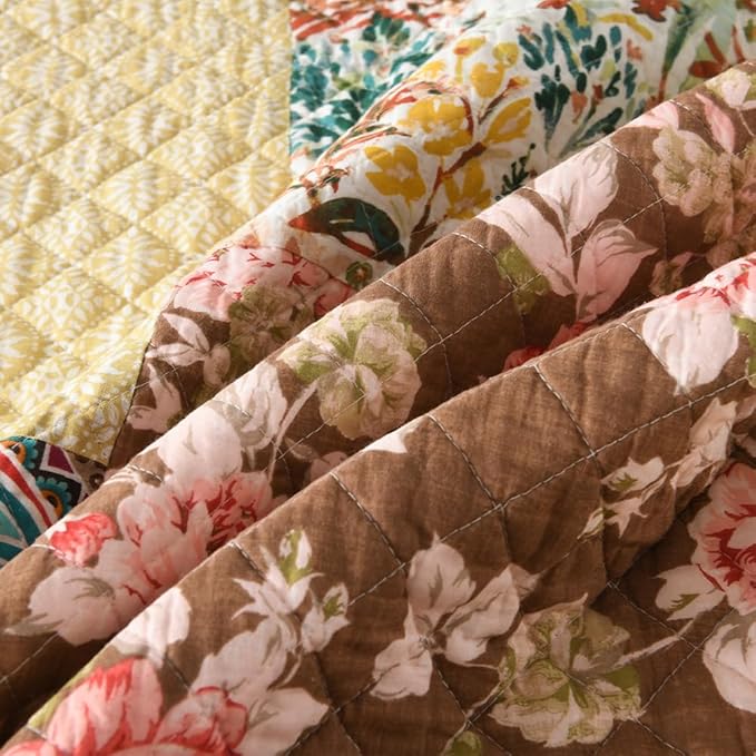 ENASAL Cotton Bedspread Quilt Sets Reversible Bedding Coverlet Sets Luxury Vintage Rustic Gorgeous Paisley Floral Yellow Real Patchwork Bedspread, Queen Size