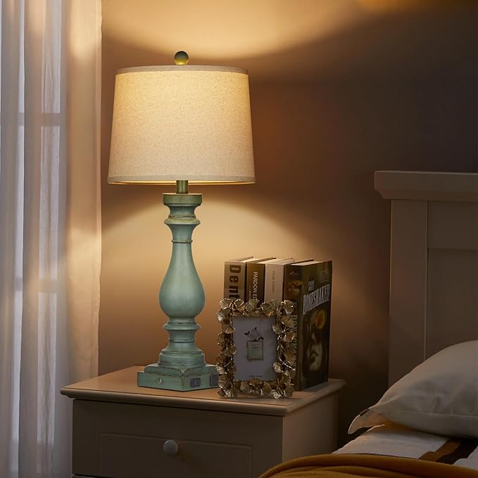 29" Tall Table Lamp for Living Room Set of 2,Vintage Bedside Nightstand Lamps with USB C+A Ports & AC Outlet,3-Way Dimmable Touch Control Retro Green Desk Lamp for Bedroom,Color 4