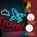 Travel Neon Sign USB Airplane LED Light Up Sign for Wall Decor Dimmable 12.2 * 16.5 In Go To Tranel Neon Light for Airport Travel Agency Bedroom(Ice Blue Red White)