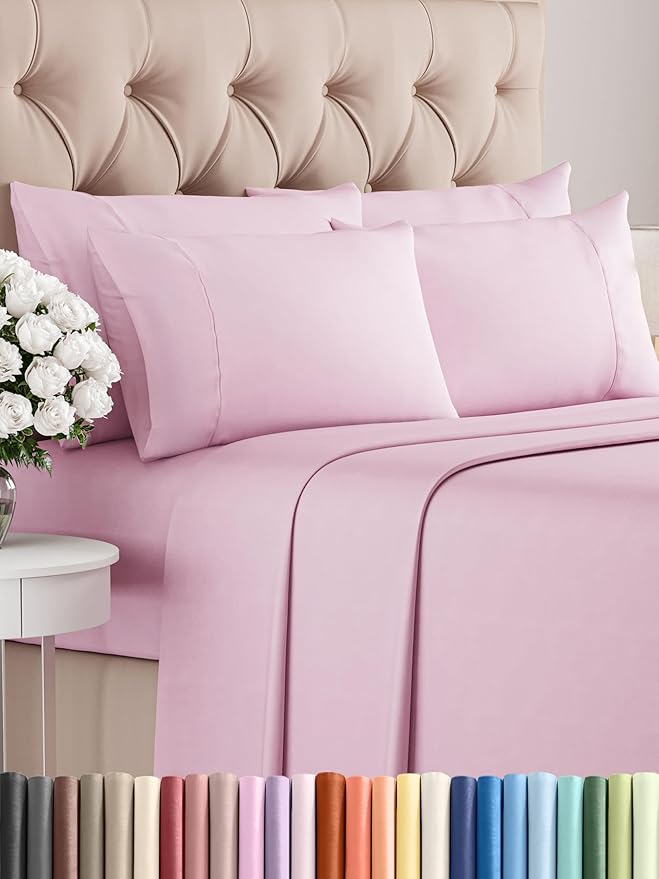 Full Sheets Set 6 Piece - Includes 4 Pillowcases - Bed Sheets Full Size - Soft Hotel Luxury Bedding - Cooling, Comfy, Cozy & Breathable - 1 Flat & 1 Fitted & 4 Pillowcases w/ Deep Pockets - Light Pink