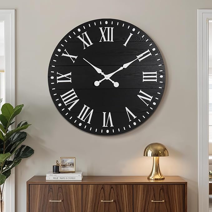 35" Large Wall Clock, Shiplap Wall Clock with Roman Numeral Nearly Non-Ticking Farmhouse Round Wall Clocks for Living Room Decor, Office, Bedroom, Entrance, Black