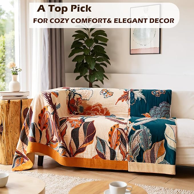 Boho Throw Blanket, 100% Organic Cotton Breathable Soft Lightweight All Season Rustic Bed Throw - Floral Bird Farmhouse Decor Blanket for Sofa Couch Chair Quilt and Gift. 60" x 80"