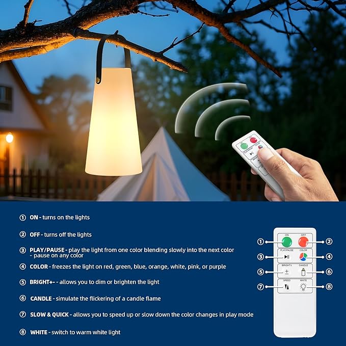 Portable Outdoor Table Lamp, Cordless Rechargeable Outdoor Table Lanterns RGB LED Lights with Remote, IP44 Water-Resistant Battery Operated Hanging Lamp for Patio Garden Camping Dining Room