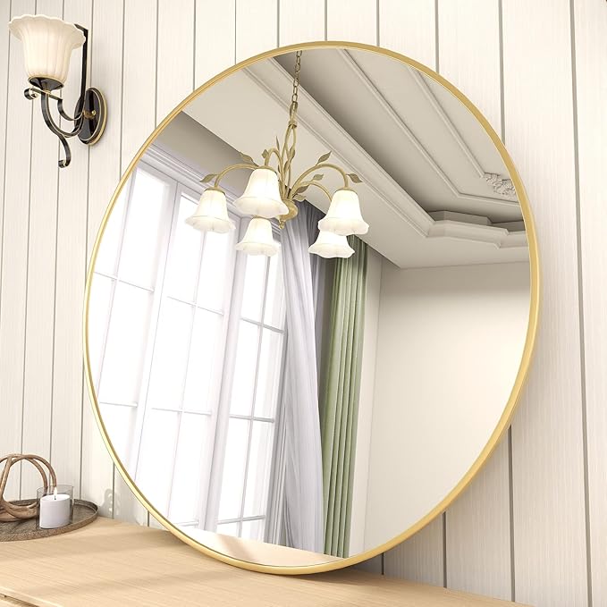 BEAUTYPEAK 24 Inch Round Mirror, Metal Frame Circle Mirror, Wall Mounted for Entryway, Bathroom, Vanity, Living Room, Gold