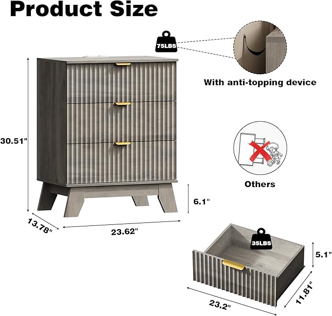 Fluted Nightstand with Charging Station, 24" Wide Bedside Table with 3 Large Storage Drawers, Modern Wood Side Table Night Stand, End Table Small Dresser for Bedroom, Living Room, Dorm, Grey
