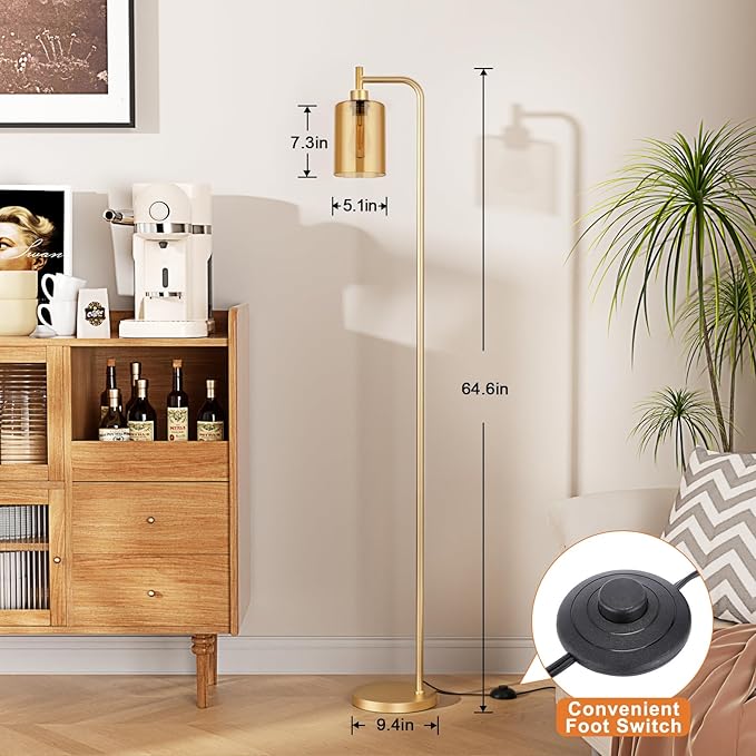 Floor Lamps for Living Room - Gold Standing Lamp with Amber Glass Shade, Modern Floor Lamp with LED Bulbs, Bright Industrial Floor Lamp for Bedroom, Farmhouse Tall Lamp for Office