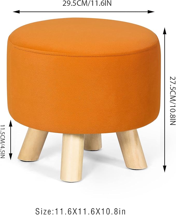 Asense Small Round Ottoman Foot Rest Stool Fabric Padded Seat Footstool Ottoman with Anti-Slip Wooden Legs (Orange,Fabric)