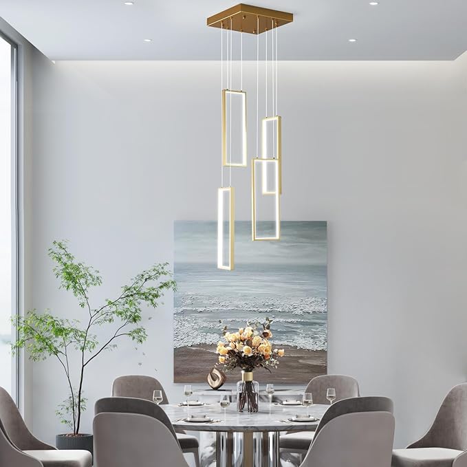 Modern Kitchen Island Dimmable Pendant Light Fixture Gold 54W LED Pendant Lights 4 Rings Rectangular Chandelier Staircase Large Chandelier Lobby Living Room Foyer High Ceiling Chandeliers