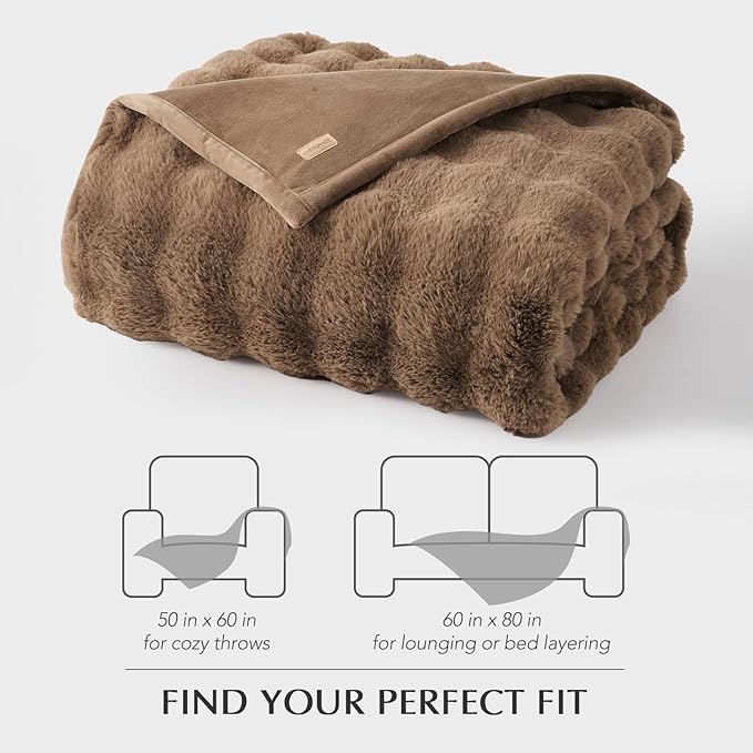 EVERGRACE Ultra Soft Luxury Fluffy Ridgeline Faux Rabbit Fur Throw Blanket, Thick Warm Fuzzy Blankets for Bed, Cozy Plush Reversible Blanket for Couch, Chair, Sofa, Natural Tan, 60x80 Inches, 870 GSM