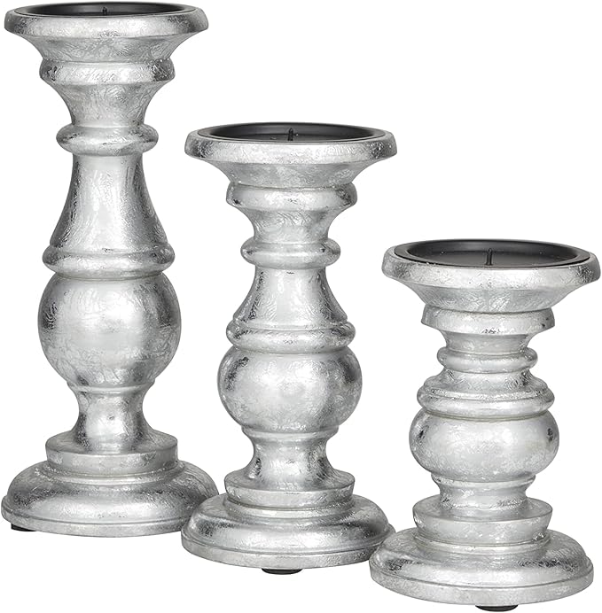 Deco 79 Traditional Mango Wood Pillar Candle Holder, Set of 3 10", 8", 6"H, Silver