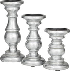 Deco 79 Traditional Mango Wood Pillar Candle Holder, Set of 3 10", 8", 6"H, Silver