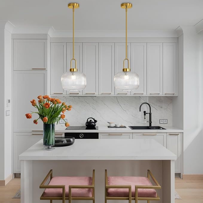 Modern Clear Glass Pendant Light Fixtures, Mid Century Pendant Lights for Kitchen Island, 9.8" Gold Adjustable Height Ceiling Hanging Light Fixtures for Dining Room Entryway Bedroom Foyer Hallway