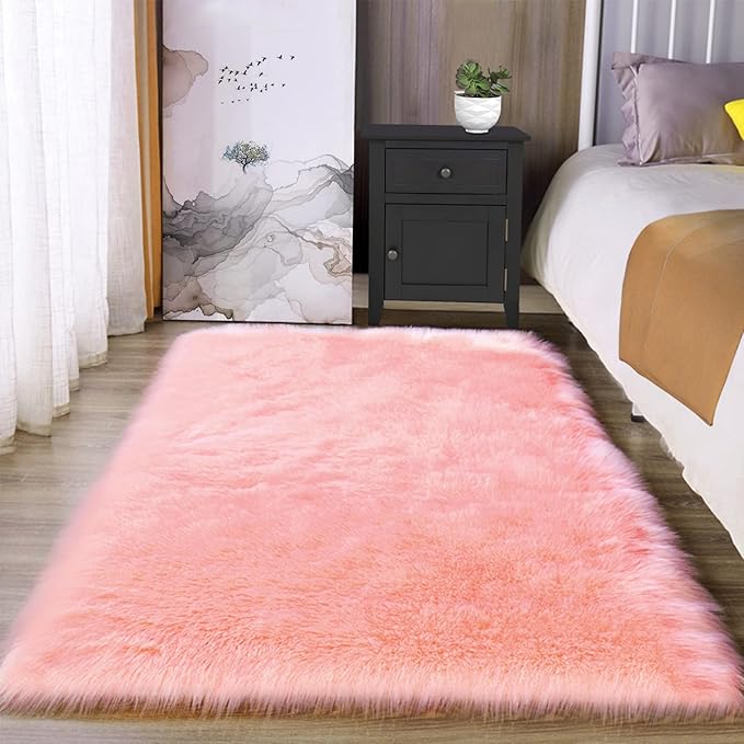 Latepis 3x5 Faux Fur Sheepskin Rug for Living Room, Fuzzy Rugs for Teen Girls Bedroom, Dorm, Luxury Room Decor, Pink Fur Rugs, Rectangle