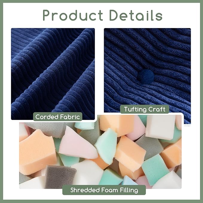 HIGOGOGO Square Stuffed Pouf Ottoman, Corduroy Poufs with Foam Chunk Filling, Furry and Fluffy Pouf Foot Stool Storage Ottoman, 21 X 21 Floor Poufs Foot Rest for Living Room, Navy