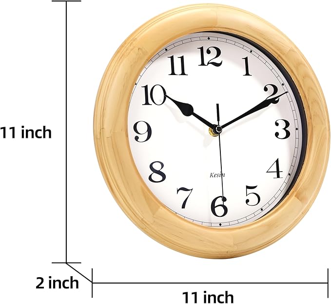 Wooden Analog Wall Clock, 11 inches Round Wall Clocks Battery Operated Silent Non-Ticking, Large Roman Numerals, Traditional Design for Kitchen Living Room Classroom Gym, Natural Grain