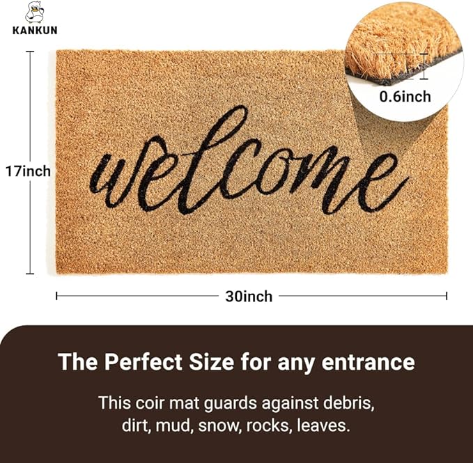 KANKUN Coco Coir Door Mat with Heavy Duty Backing, Welcome Doormat (17" x 30"), Doormat Entrance (Welcome3)