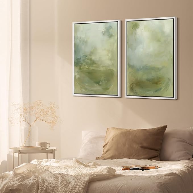 SIGNFORD Framed Canvas Print Wall Art Set Soft Green Abstract Contemporary Neutral Landscape Illustration Modern Art Decorative Nordic Nature for Living Room, Bedroom, Office - 24"x36"x2 White