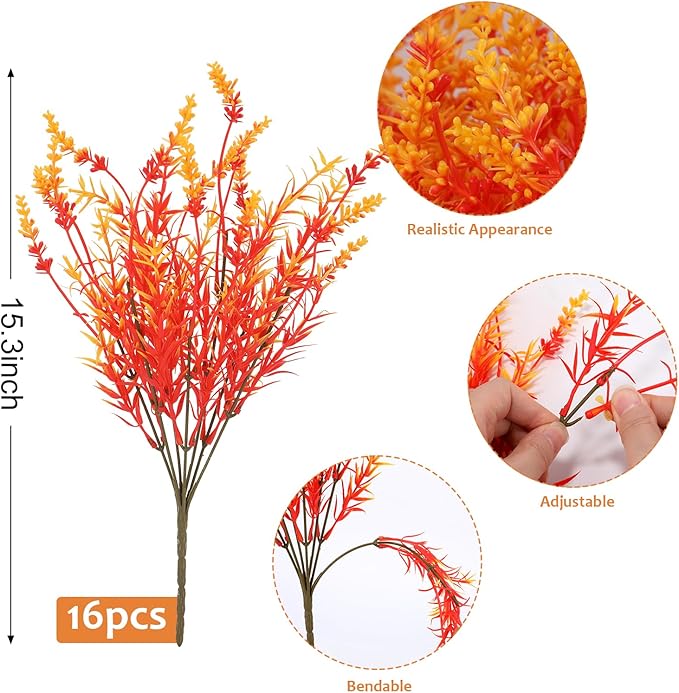 Geegoods 16 Bundles Artificial Fall Flowers Outdoor – Faux Lavender Flowers with Monkey Grass UV Resistant Plastic Faux Plants for Halloween Front Door Porch Patio Yard Balcony Decor, Orange Color