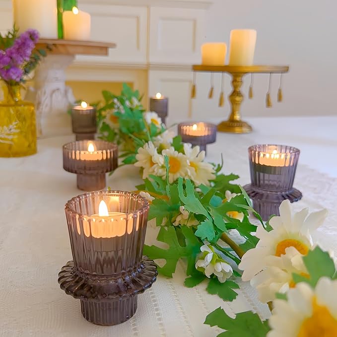 Double Sided Vintage Ribbed Taper Glass Candle Holders,Tea Candle Holder for Table Centerpieces, Wedding Decorations and Dinner Parties (Gray, 3 PCS)