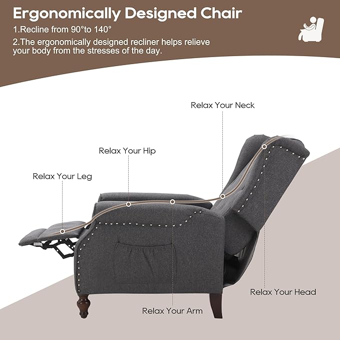 Wingback Recliner Chair with Massage and Heat, Tufted Fabric Push Back Recliner Chair for Living Room, Vintage Wingback Chair with Remote Control, Padded Cushion, Backrest, Wooden Legs