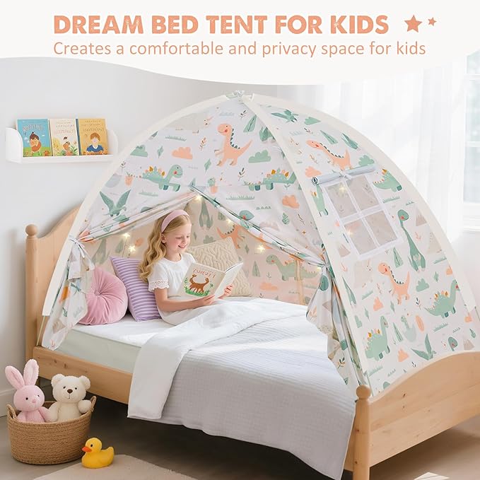 Twin Size Bed Canopy, Twin Bed Tent Indoor with Star Lights, Privacy Space Blackout Sleeping Tents, Indoor Breathable Portable Floor Bed Tent for Boys and Girls, Dinosaur