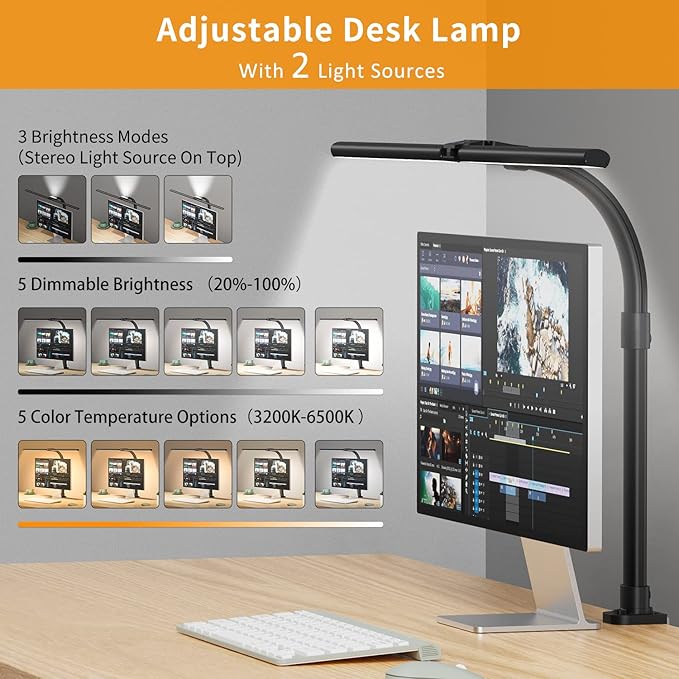 LED Desk Lamp for Home Office - 24W Bright Double Head Desk Light with Clamp Eye Caring Architect Task Light 25 Lighting Modes Adjustable Flexible Gooseneck Lamp