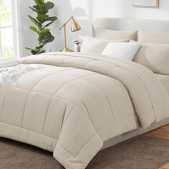 CozyLux California King Comforter Sets Beige, 7 Pieces Cal King Bed in a Bag, All Season Bedding Sets with Stitch Quilted Comforter, Flat Sheet, Fitted Sheet, Pillowcases
