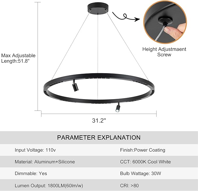 Modern LED Chandelier 1-Ring Circular 6000K 36W Dimmable Black Pendant Light with Adjustable Spotlights for Living Room, Dining Room, Kitchen, Bedroom, Foyer, Restaurant, Hotel, Bar