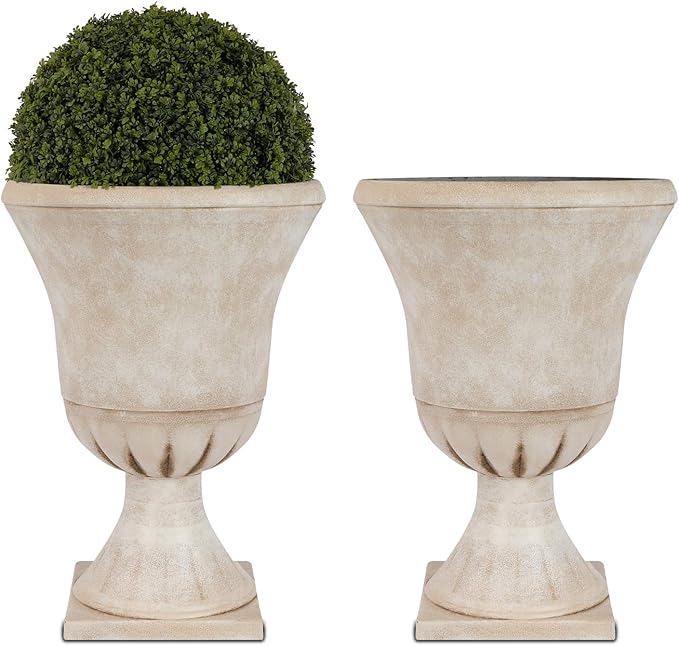 Worth Garden Plastic Urn Planters for Outdoor Plants, Tree 22'' Tall 2 Pack Round Classic Resin Flower Pots Indoor Beige Traditional Front Porch 15 in Dia. Large Imitation Stone Decorative Patio Deck