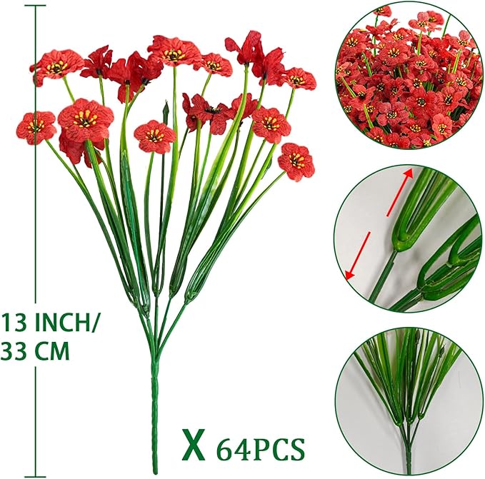 Krissing 48 Bundles Outdoor Artificial Flowers UV Resistant Fake Silk Flowers Faux Plastic Plants Outside Garden Porch Window Box Summer Decoration (Red)