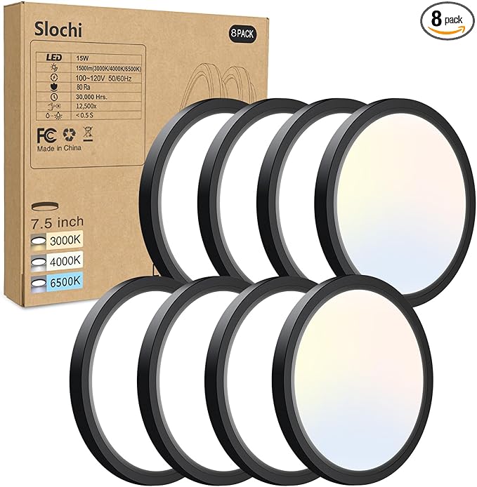 8PACK LED Flush Mount Ceiling Light Fixture, 3000K-4000K-6500K & 100W Equivalent Modern Kitchen Ceiling Lamp 15W 1500Lm 7.5 Inch Closet Round Surface for Bathroom Laundry Bedroom Hallway, Black