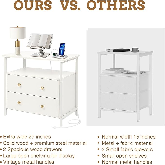 27 inch Wide Night Stand Set 2 with Charging Station, Bedside Table with Open Shelf, 2 Drawers Small Wood Dresser, Modern Wood Nightstand for Bedroom/Living Room (White)