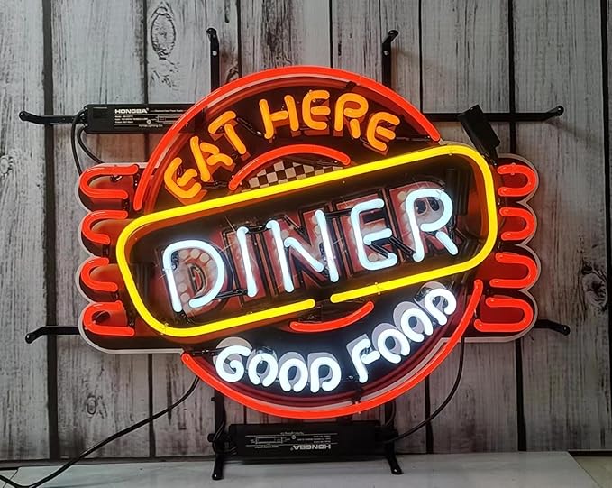 Eat Here Diner Good Food Glass Neon Signs,Neon Signs Beer Bar Club Bedroom for Office Hotel Pub Cafe Neon Light Art Wall Lights 24 X 20 Inches