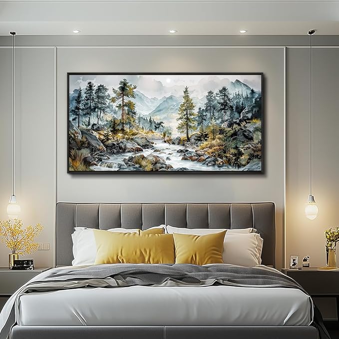 PHAOHUAXM Large Wall Art For Bedroom Wall Decor For Living Room Office Home Decoration Rivulet View Painting Forest Tree Landscape Watercolour Canvas Pictures Ready To Hang Black Framed 20x40 In
