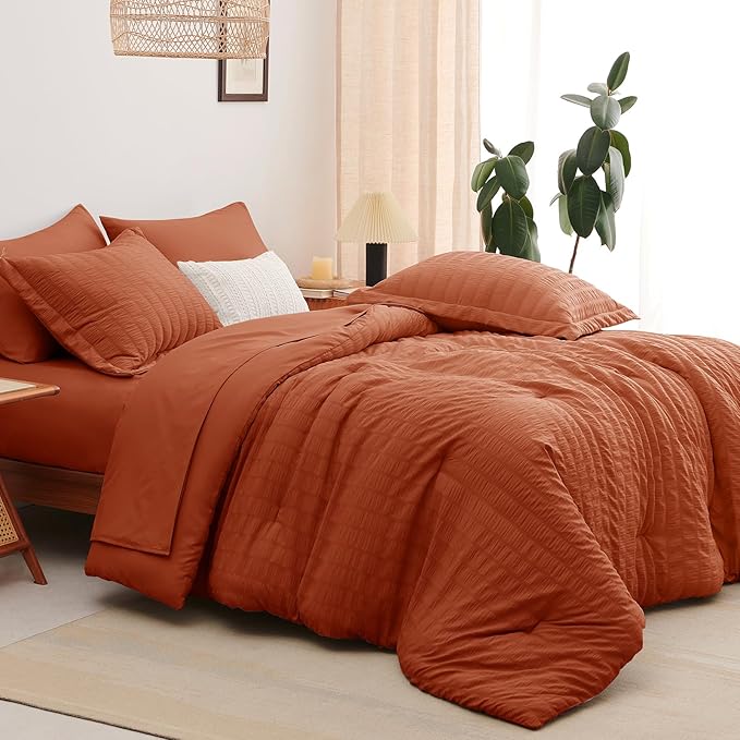 CozyLux Full Size Comforter Sets with Sheets Seersucker 7 Pieces Burnt Orange Bed in a Bag Luxury Terracotta Bedding Set with Down Alternative Comforter, Sheets, Pillowcases & Shams for All Seasons