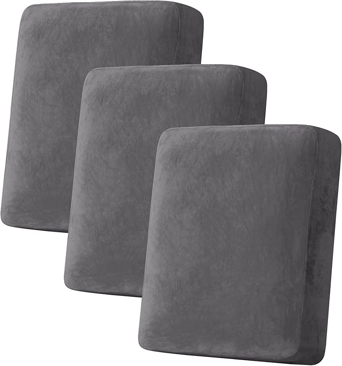 H.VERSAILTEX Velvet Stretch Couch Cushion Cover Plush Cushion Slipcover for Chair Loveseat Sofa Cushion Furniture Protector Seat Cushion Sofa Cover (3 Piece Sofa Cushion Covers, Grey)