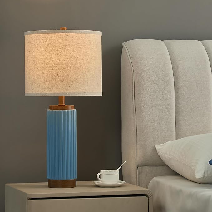 Ceramic Table Lamp Set of 2, 25" Modern Farmhouse Bedside Lamps with Oatmeal Linen Shade & USB A+C Ports, 3-Way Dimmable Nightstand Lamps for Living Room, Bedroom, Dining Room