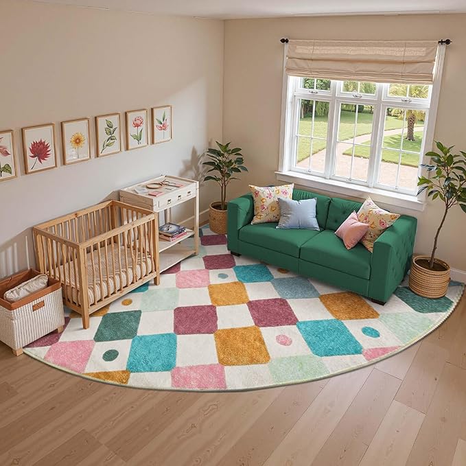 jinchan Kids Rug for Classroom 7ft Radius Corner Washable Area Rug Modern Colorful Quarter Circle Rug Soft Non-Slip Carpet for Nursery Playroom Daycare Reading Nook Living Room Confetti on Cream