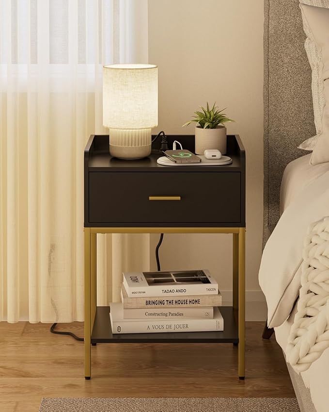 Masupu Nightstand with Charging Station,3-Tier Modern Bedside Night Stand with Storage Drawer and Shelf,Small End Side Table for Bedroom,Living Room,Gold and Black