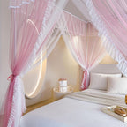 AIKASY 4 Corners Post Ruffle Princess Bed Canopy Curtain - Double Layer Cozy Drape Netting with 4 Openings - Elegant Mosquito Net for Girls and Adults Bedroom Decoration (Pink, Twin)