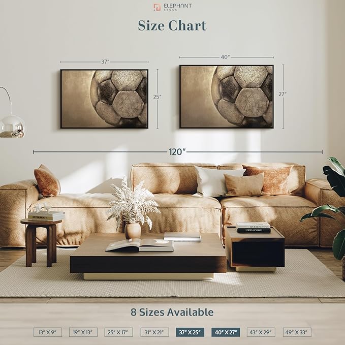 Elephant Stock Worn Soccer Ball Wall Art - Horizontal Framed Canvas - 1-Piece Living Room Wall Decor - Photography sports Canvas Print - Brown and Gray Decor for Wall - 40" X 27"