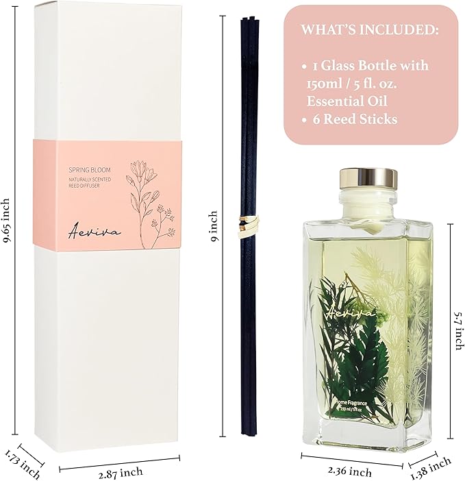 Reed Diffuser Set, 5 fl oz Spring Bloom Scented Oil Diffuser, Home Fragrance with Cotton Reed Sticks for Bedroom, Office, Bathroom Shelf Decor & Gifts