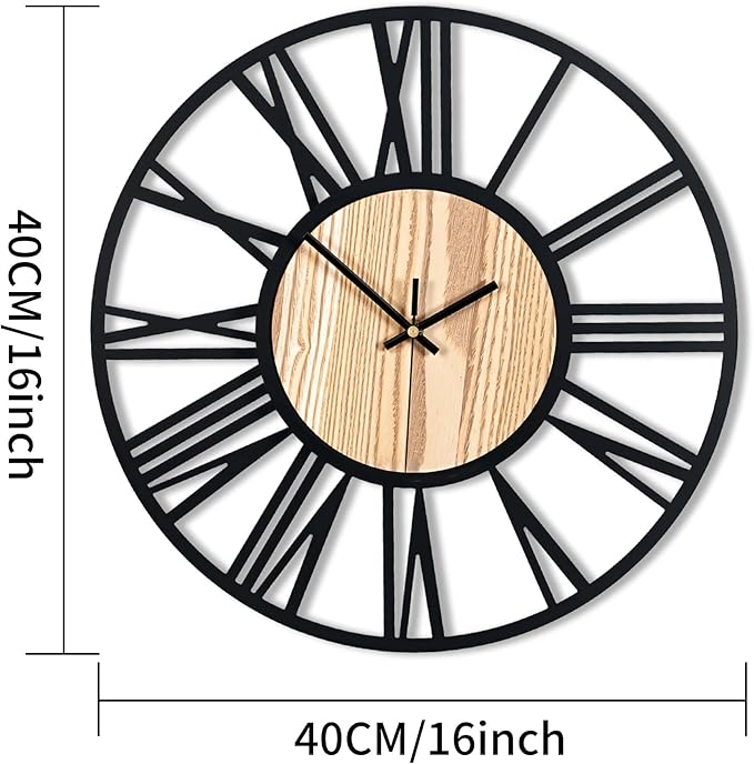 16inch/40cm Wall Clock for Bedroom Living Room Battery Operated Metal Decorative Analog Silent Analog Non Ticking Clocks Room Wall Decor (Wooden Roman Numerals, 16 inches)
