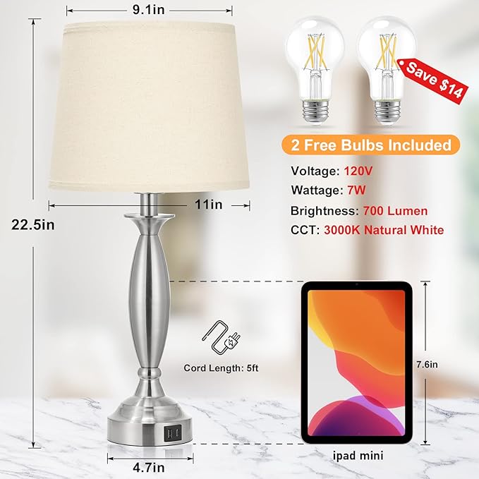 Beige Lamps for Bedrooms Set of 2 - Touch Control Bedside Lamp with USB C+A, 3 Way Dimmable Nightstand Lamps with USB Port, Table Lamp for Living Room(Beige Shade and Nickel Base)